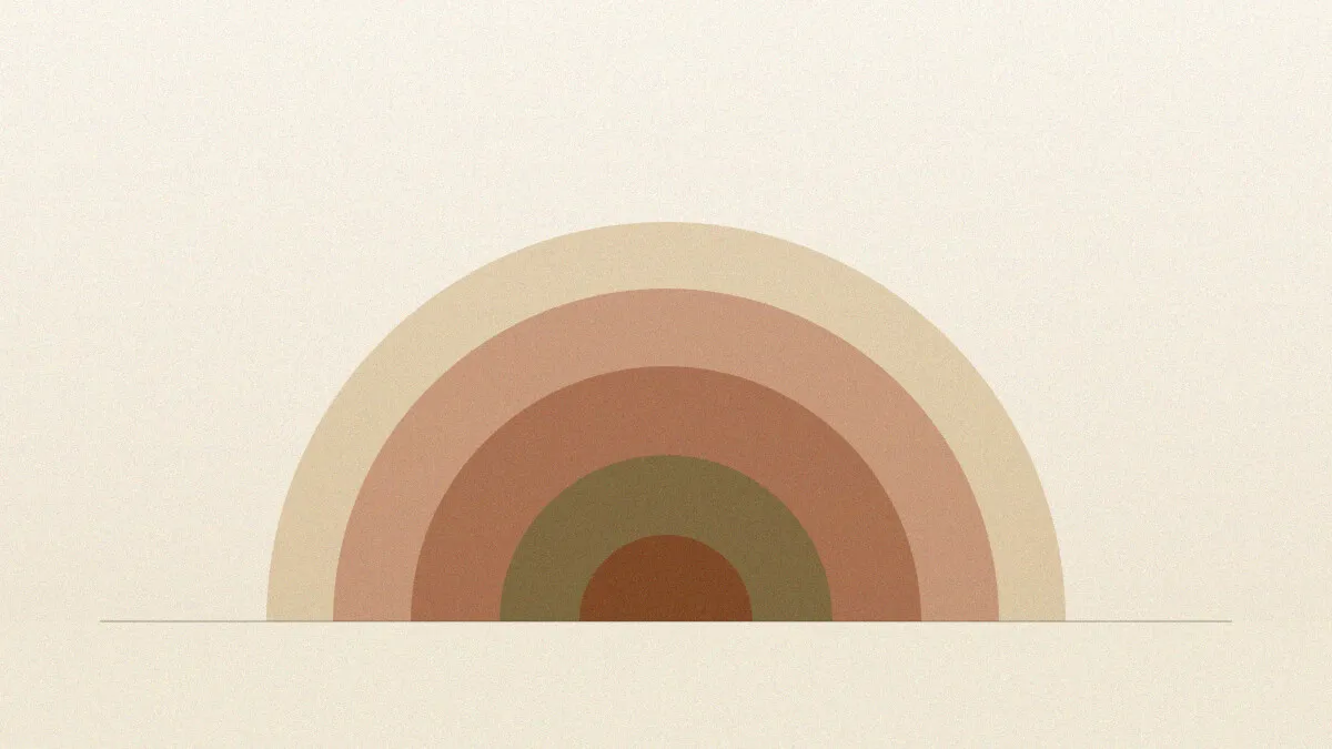 Concentric earth-tone arcs rising from a horizon line, like an abstract risograph sunrise.