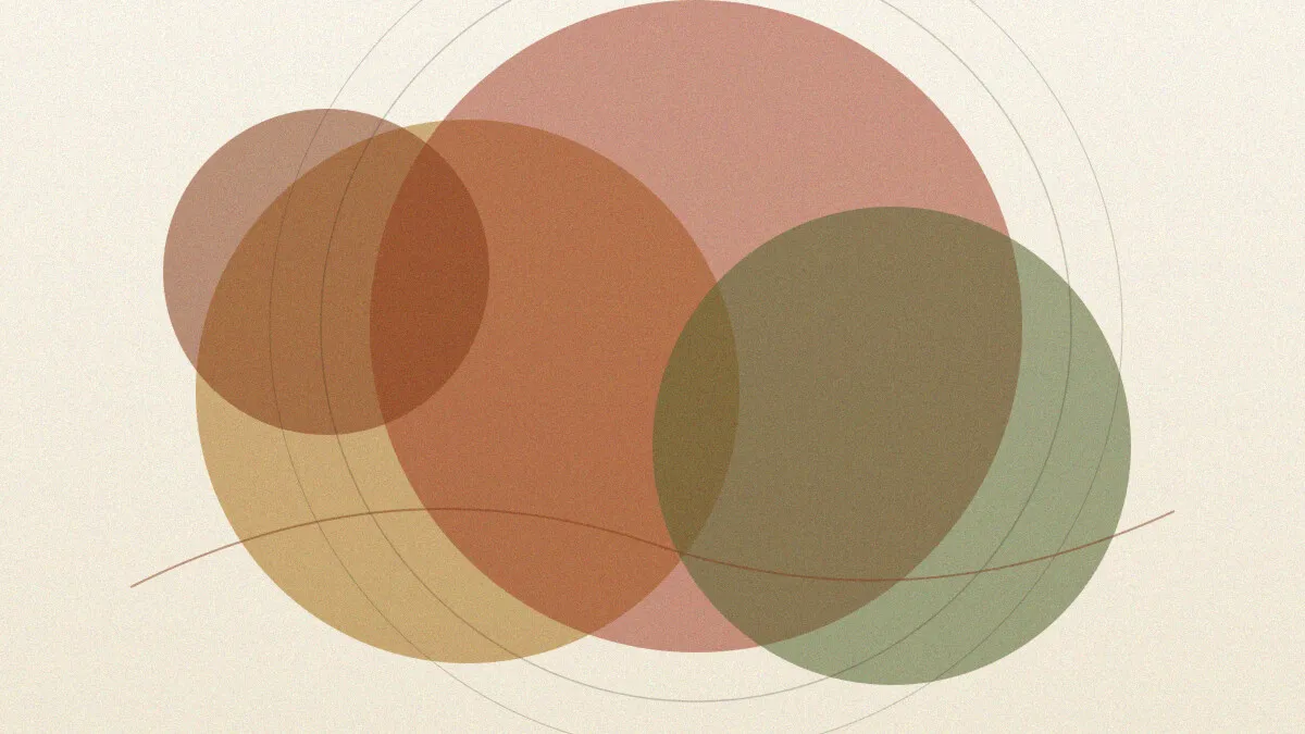Overlapping translucent circles in warm sienna, ochre, and moss.